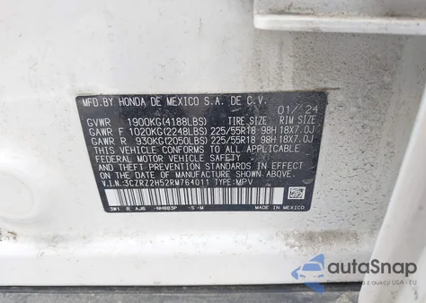 2024 Honda Hr-V Awd Sport/Awd Sport W/O Bsi из США, поврежденный, VIN 3CZRZ2H52RM764011